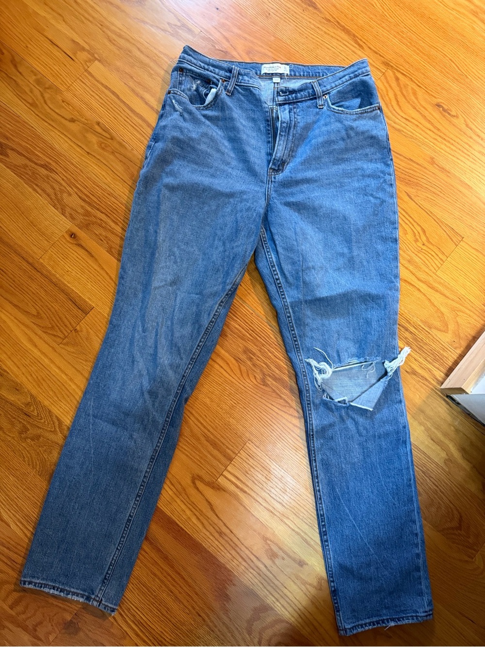 Abercrombie & Fitch Blue Straight-Leg Jeans with Distressed Knee